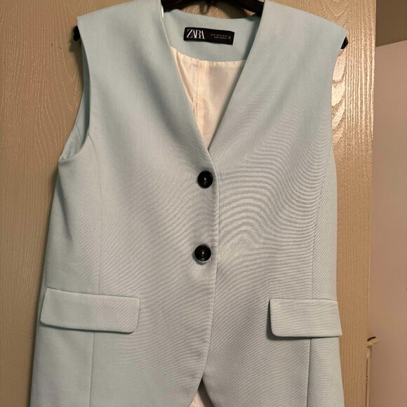 New XS relaxed ZARA Colarless V-neck Vest Flap Pocket Seafoam Green Button Lapel - Picture 4 of 7